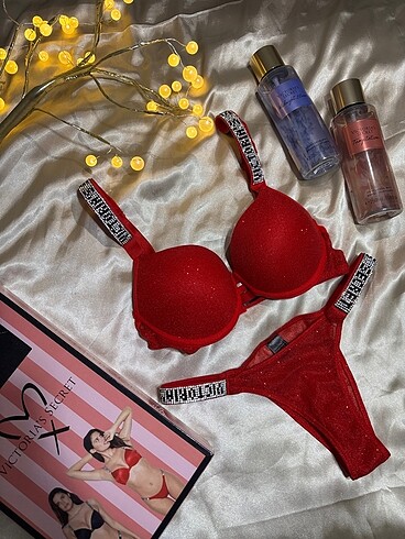 l Beden kırmızı Renk Victoria secret Simli kırmızı taşlı sütyen takım