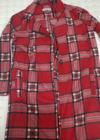 Kırmızı Ekose Desenli Kadın Midi Kaban - Görsel 2