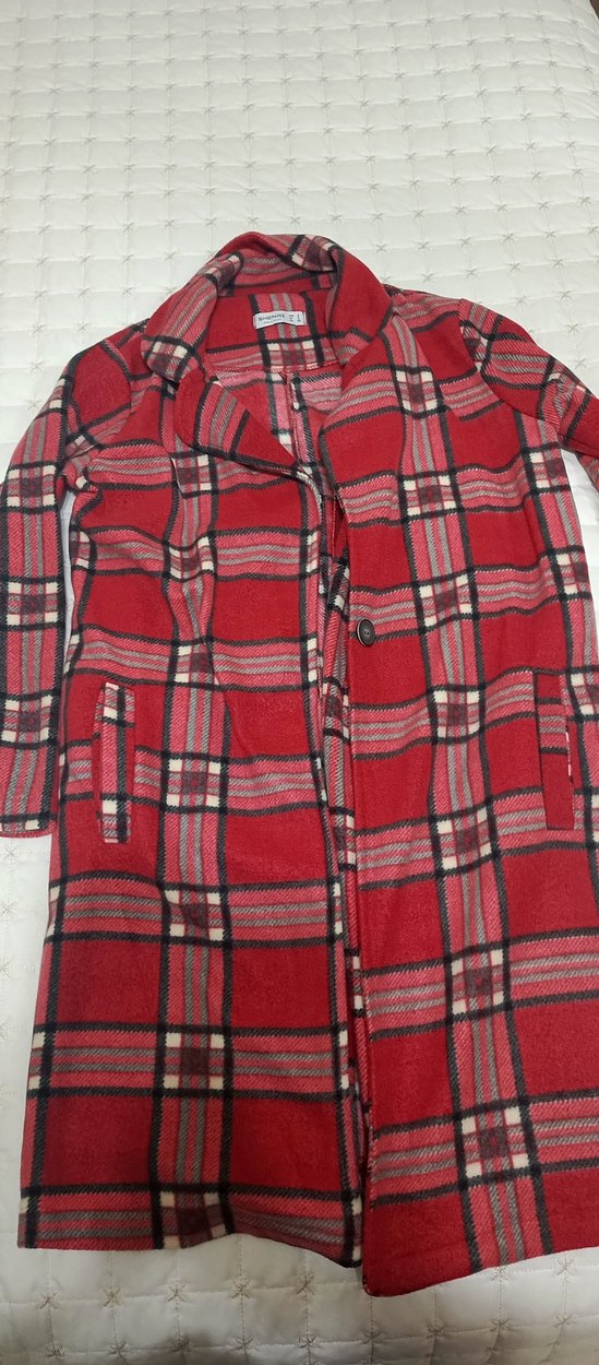 Kırmızı Ekose Desenli Kadın Midi Kaban - Görsel 2