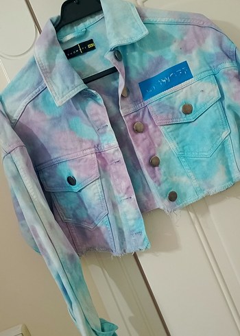 Kadın Pastel Renkli Tie-Dye Mini Denim Ceket - Görsel 3