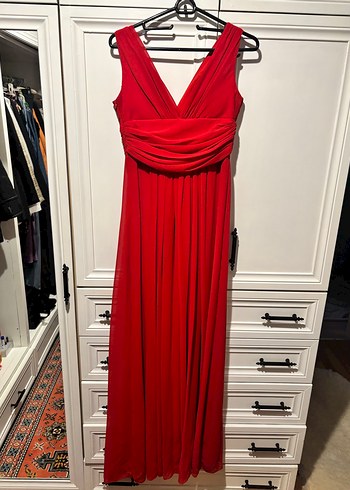 Kırmızı Uzun Drapeli Kadın Abiye Elbise - Görsel 3