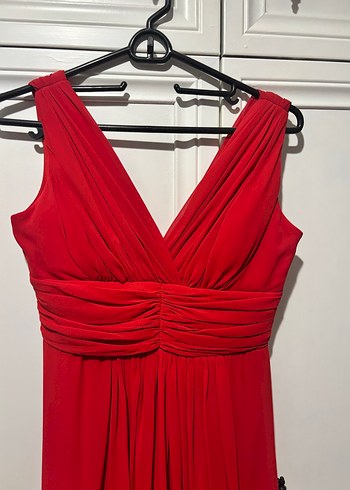 Kırmızı Uzun Drapeli Kadın Abiye Elbise - Görsel 2