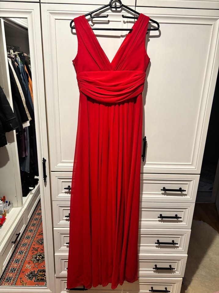 Kırmızı Uzun Drapeli Kadın Abiye Elbise - Görsel 3