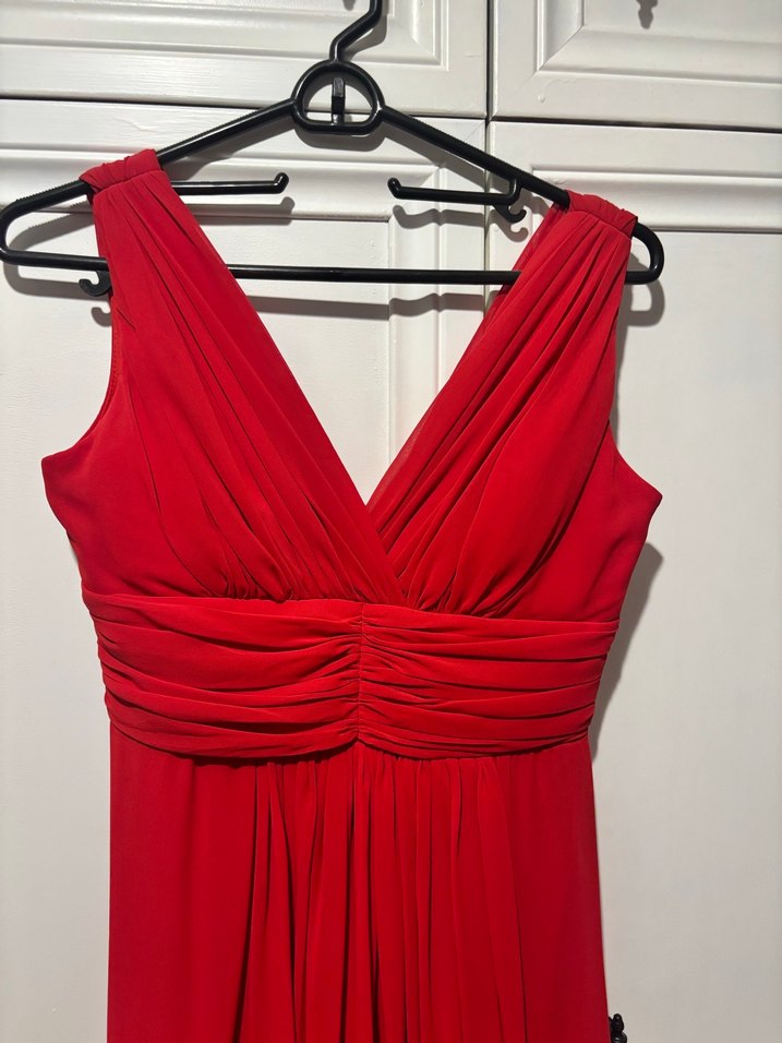 Kırmızı Uzun Drapeli Kadın Abiye Elbise - Görsel 2