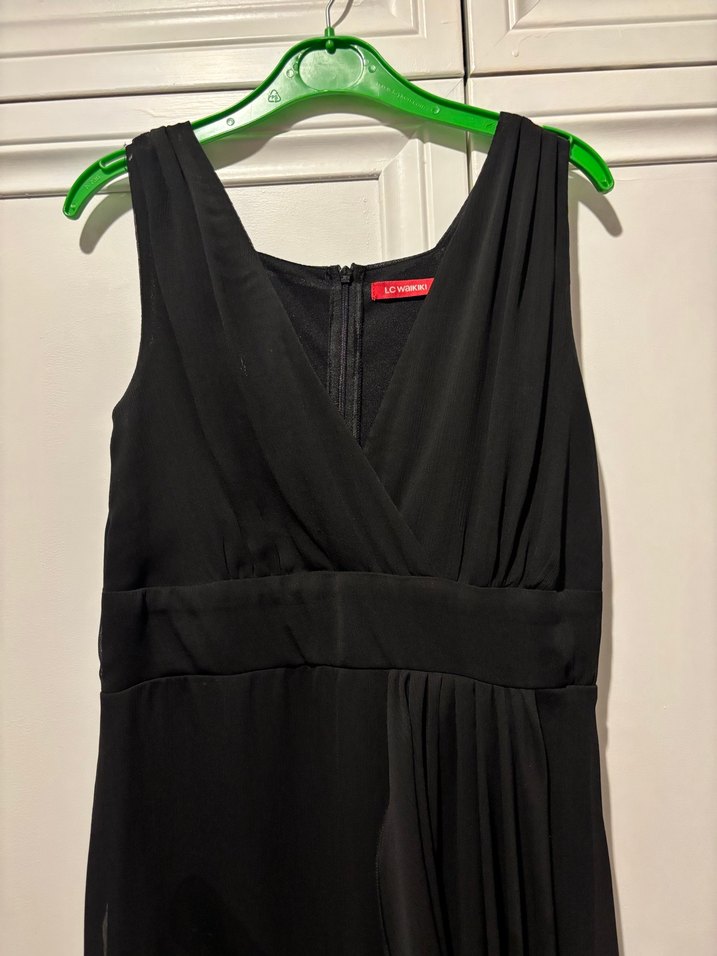 Siyah Drapeli Midi V Yaka Kadın Elbise - Görsel 2