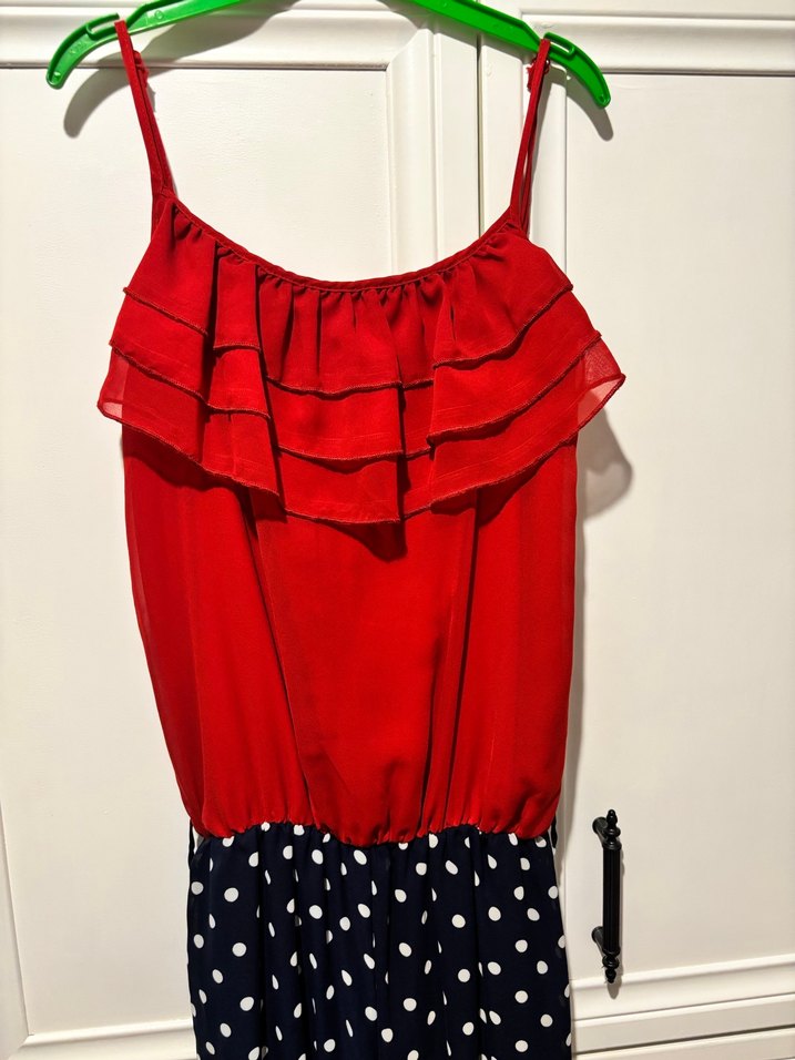 Kırmızı Üstü Fırfırlı Puantiyeli Uzun Tulum - Görsel 2