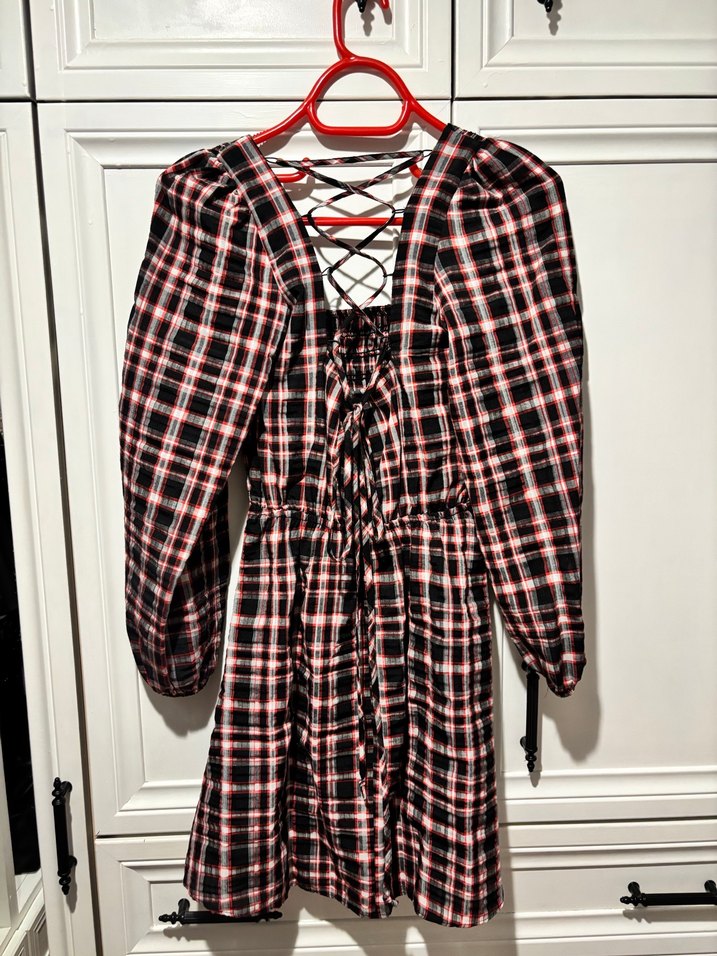 Kareli Kırmızı Elbise - Görsel 2