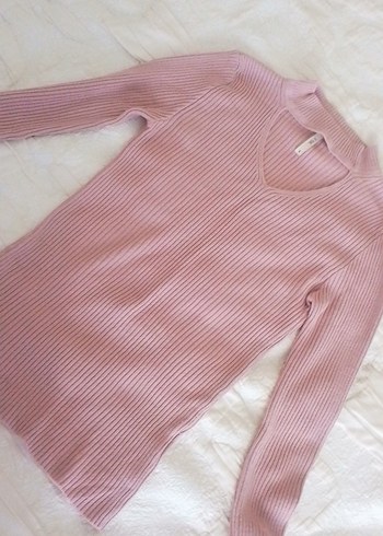 Pembe V Yakalı Triko Kadın Kazak - Görsel 2