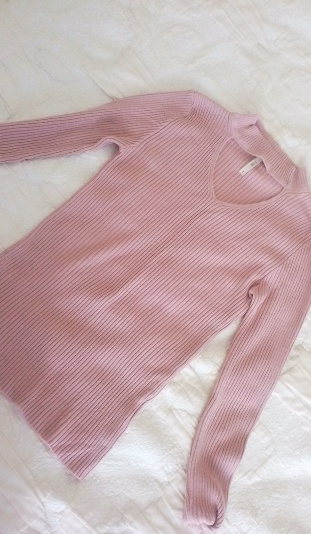 Pembe V Yakalı Triko Kadın Kazak - Görsel 2