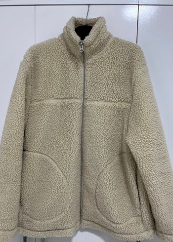 H&M L Beden Bej Erkek Peluş Fermuarlı Ceket - Görsel 2
