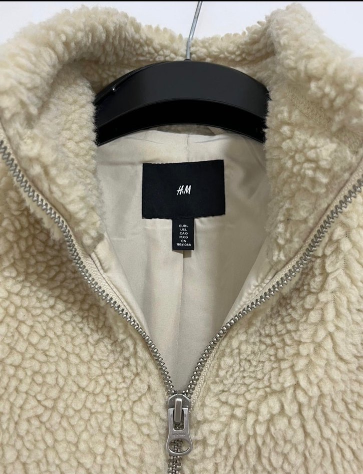 H&M L Beden Bej Erkek Peluş Fermuarlı Ceket - Görsel 3