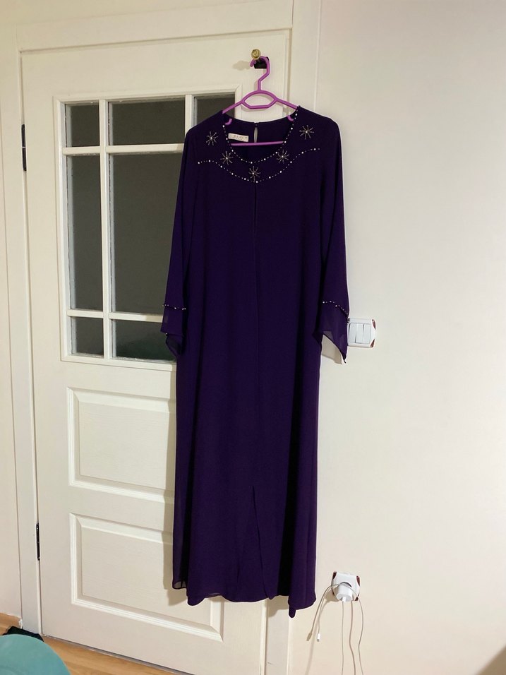 İşlemeli Mor Uzun Kollu Kadın Elbise - Görsel 5