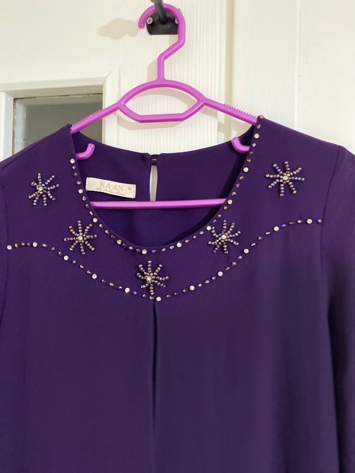İşlemeli Mor Uzun Kollu Kadın Elbise - Görsel 2