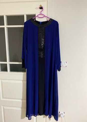 Uzun Kollu Lacivert Pul Detaylı Abiye Elbise - Görsel 3