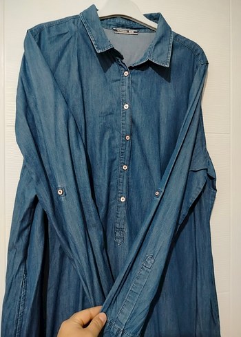 48 Beden Lacivert Denim Düğmeli Kadın Tunik