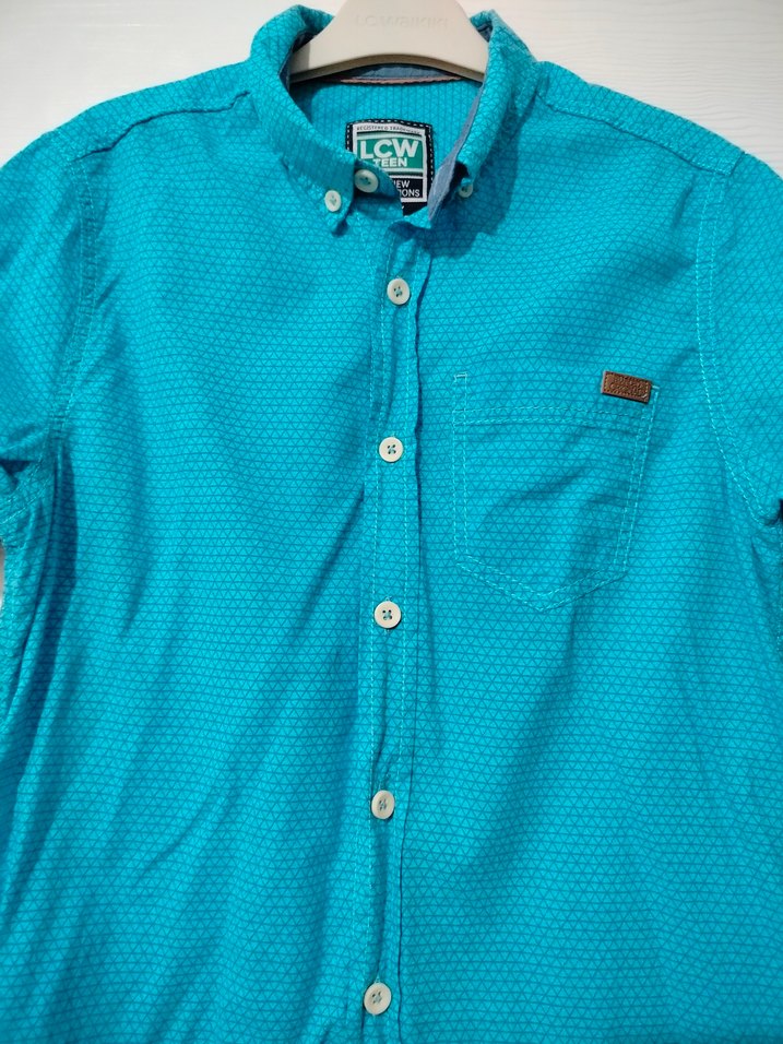 Mavi Düğmeli Kısa Kollu Erkek Gömlek - Görsel 5