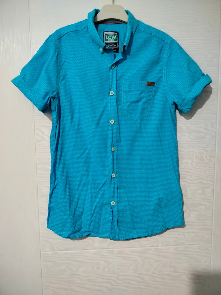 Mavi Düğmeli Kısa Kollu Erkek Gömlek - Görsel 2