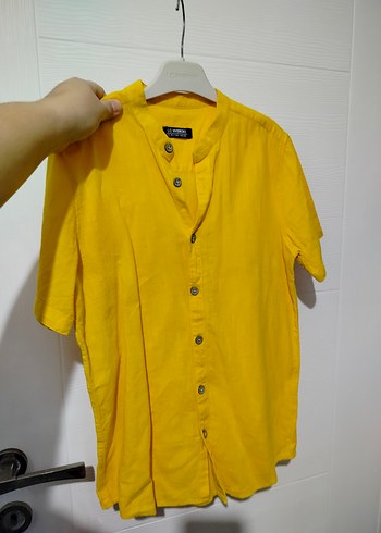 Sarı Kısa Kollu Erkek Keten Gömlek - Görsel 7