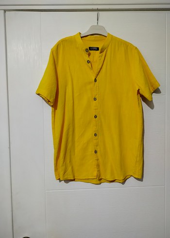 Sarı Kısa Kollu Erkek Keten Gömlek - Görsel 6