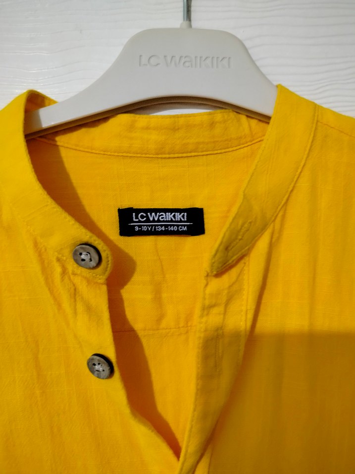 Sarı Kısa Kollu Erkek Keten Gömlek - Görsel 4