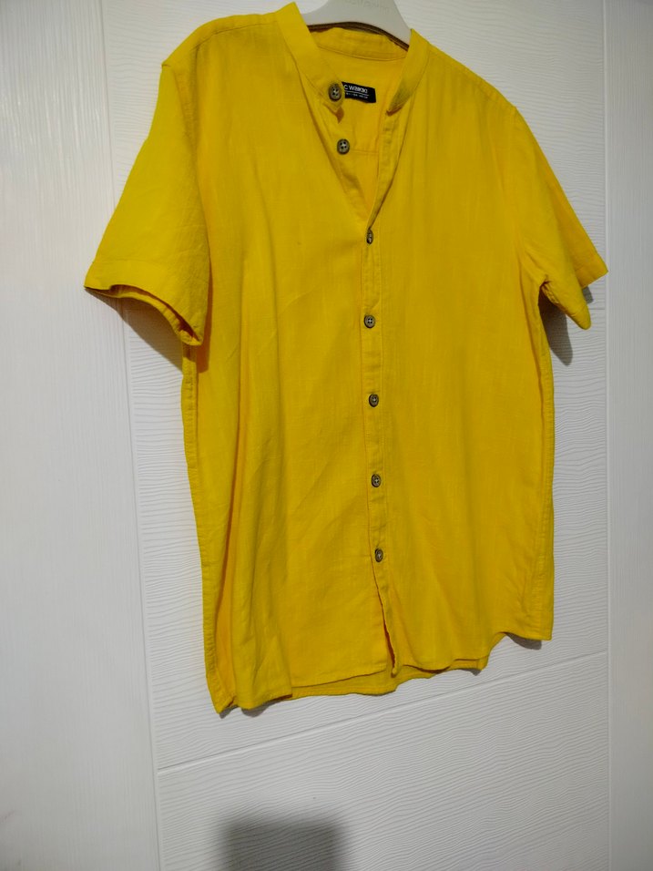 Sarı Kısa Kollu Erkek Keten Gömlek - Görsel 5