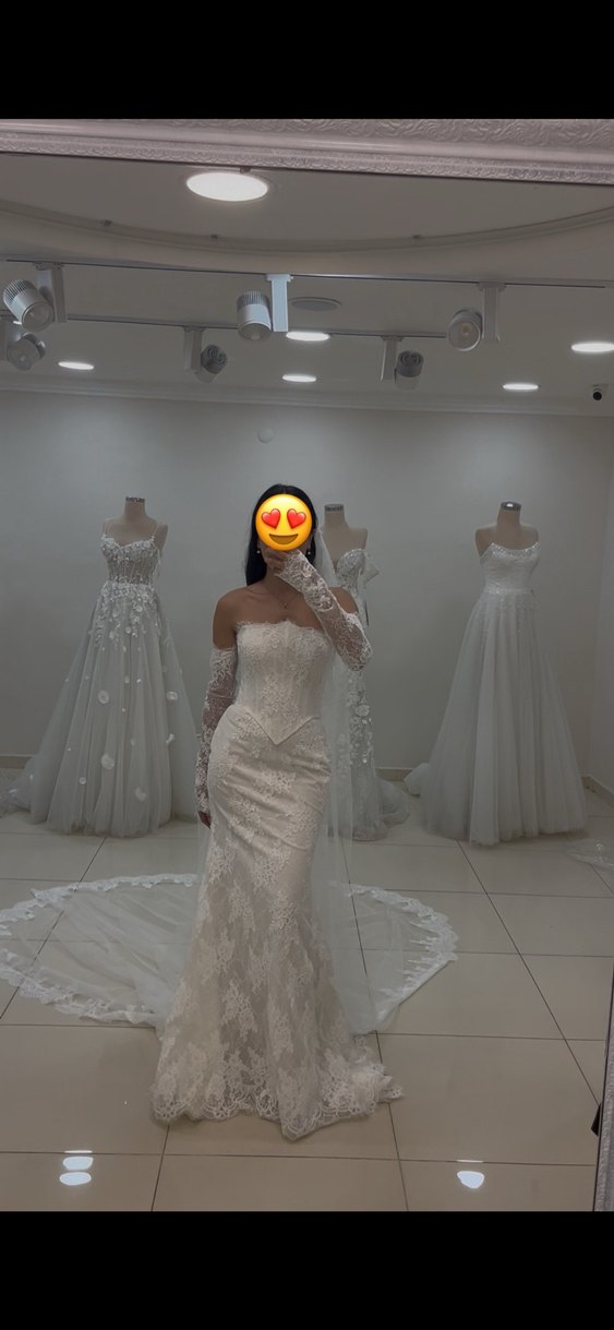 Uzun Kollu Straplez Beyaz Denizkızı Gelinlik - Görsel 3