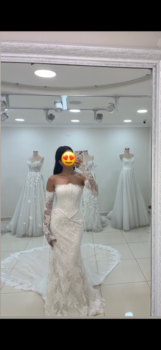 Uzun Kollu Straplez Beyaz Denizkızı Gelinlik - Görsel 4