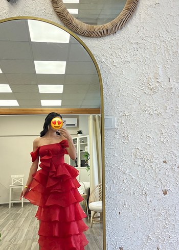 Kırmızı Straplez Uzun Kat Katlı Elbise - Görsel 6