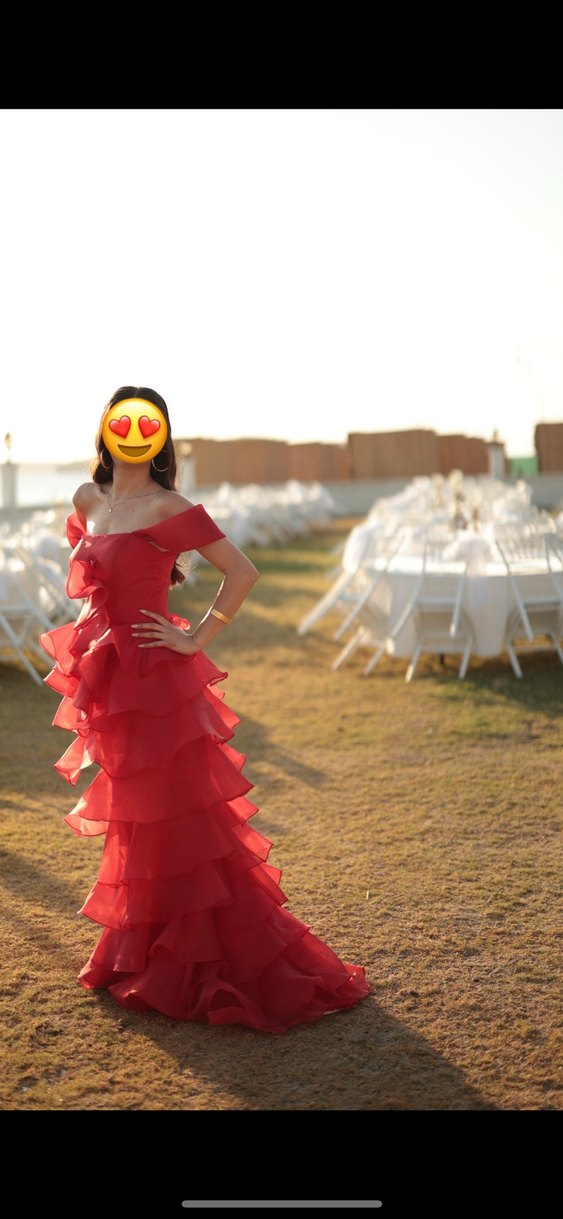 Kırmızı Straplez Uzun Kat Katlı Elbise - Görsel 5