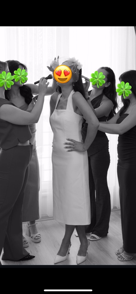 Beyaz Midi Sade Nişan Elbisesi - Görsel 4