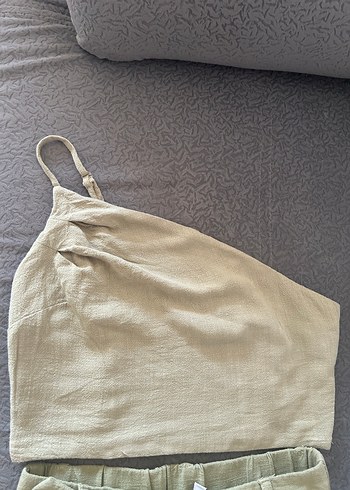 Stradivarius Haki Kadın Keten Pantolon - Görsel 4