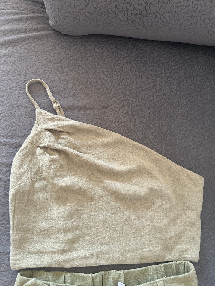 Stradivarius Haki Kadın Keten Pantolon - Görsel 4