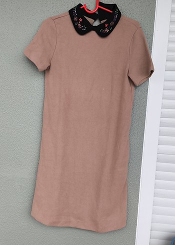 Kısa Kollu Bej Süet Kadın Elbise - Görsel 2