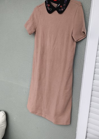 Kısa Kollu Bej Süet Kadın Elbise - Görsel 3