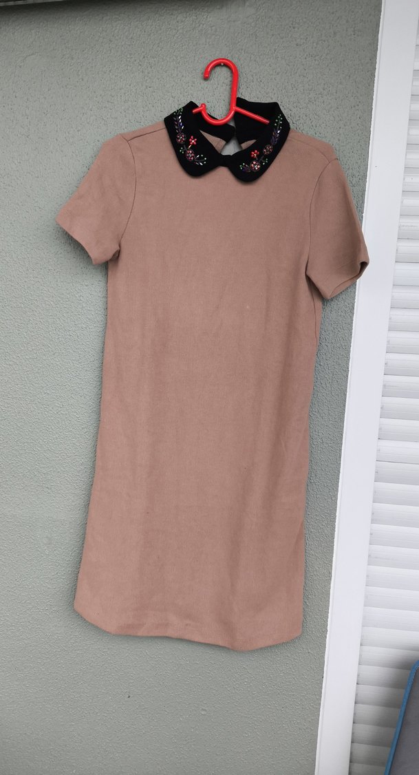 Kısa Kollu Bej Süet  Kadın Elbise - Görsel 2