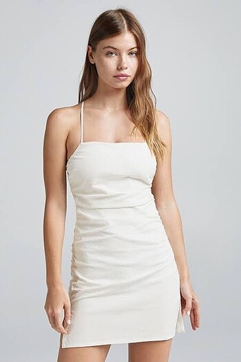 bershka keten beyaz mini elbise