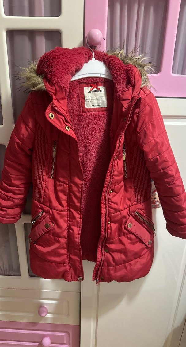 Kız Çocuk Kırmızı Kürklü Sıcak Mont - Görsel 2