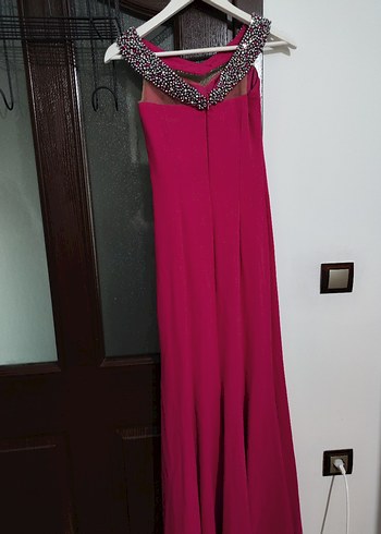 Bordo V Yaka Drapeli Uzun Abiye Elbise - Görsel 5