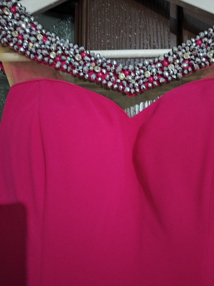 Bordo V Yaka Drapeli Uzun Abiye Elbise - Görsel 2