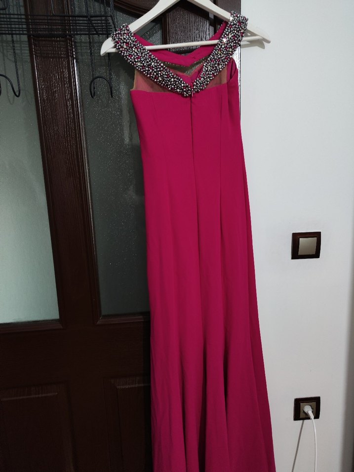 Bordo V Yaka Drapeli Uzun Abiye Elbise - Görsel 5