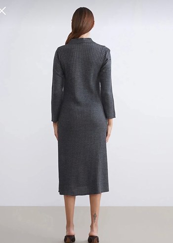 Gri Uzun Kollu Piliseli Kadın Elbise - Görsel 3