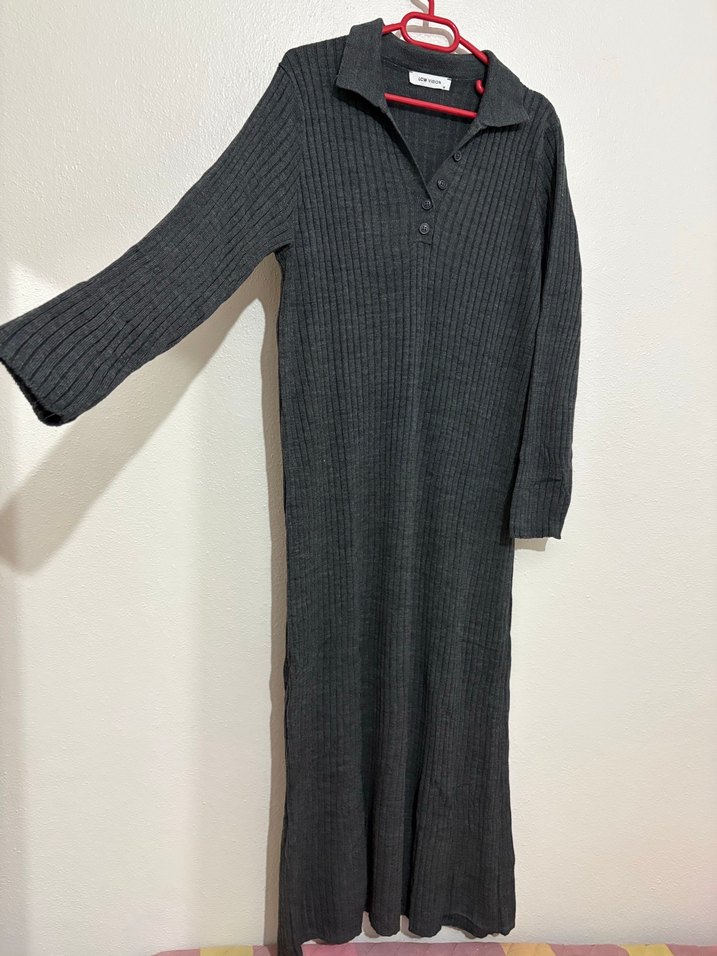 Gri Uzun Kollu Piliseli Kadın Elbise - Görsel 4