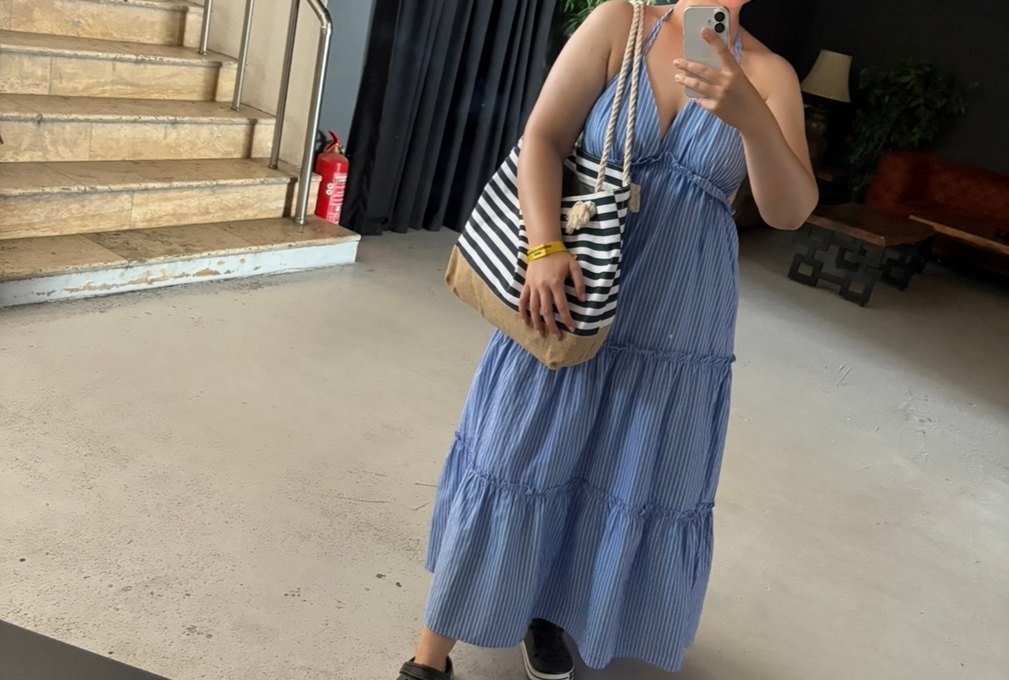 Mavi Çizgili Bohem Uzun Elbise - Görsel 4