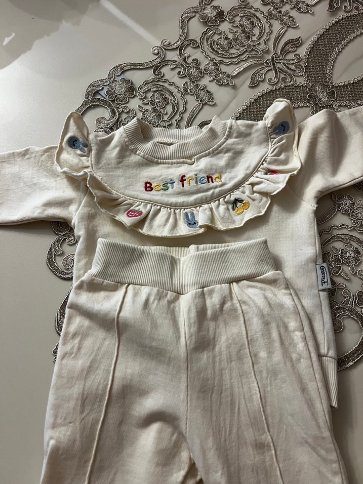 Nakışlı Fırfırlı Uzun Kollu Bebek Kız Takımı - Görsel 2