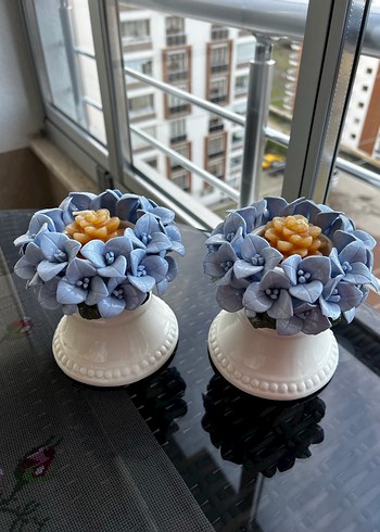 Pastel Mavi Çiçekli Mumluk Seti - Görsel 2