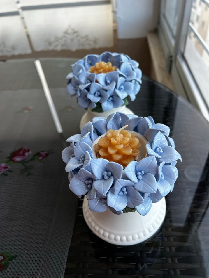 Pastel Mavi Çiçekli Mumluk Seti - Görsel 3