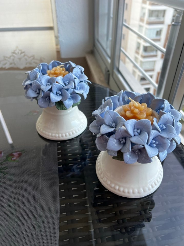 Pastel Mavi Çiçekli Mumluk Seti - Görsel 4