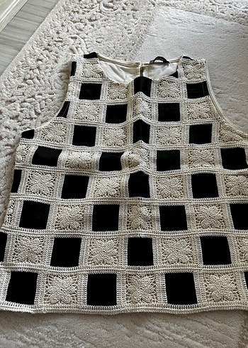 Gri Beyaz Kareli Örgü bluz - Görsel 4