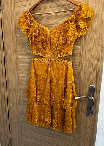 Sarı Dantel Mini Bohem Elbise - Görsel 3