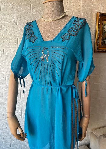 Boncuk İşlemeli Turkuaz Bohem Uzun 2000s y2k - Görsel 3